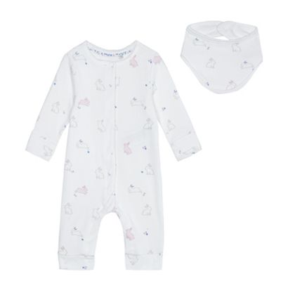 Baby girls' white bunny print sleepsuit and bib